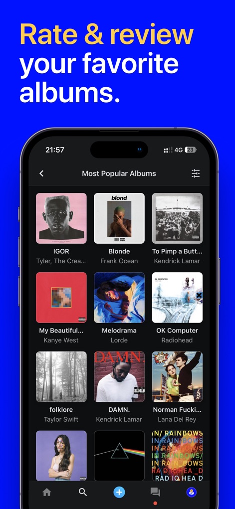 Musicboard: Albums & Songs - Users can discover trending music through the 'Most Popular Albums' section, presented in an easy-to-browse grid of iconic album covers.