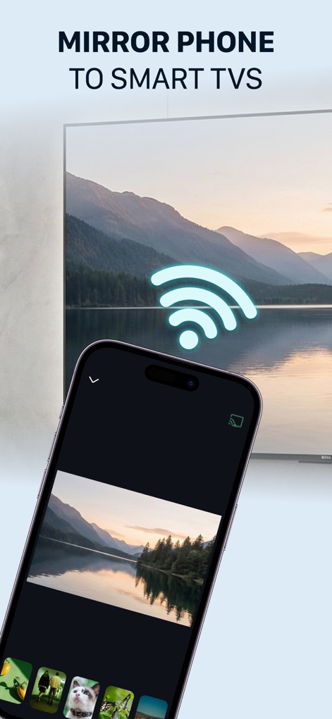 Castto: TV Cast, Screen Share - This tool enables users to effortlessly mirror their iPhone's content, showcasing a personal image gallery on the mobile screen and its corresponding display on the Smart TV.