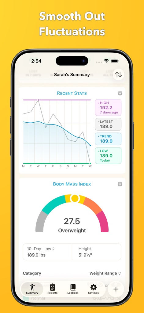 Happy Scale - The app visualizes recent stats with a smoothing trend line to mitigate daily fluctuations and provides an immediate overview of Body Mass Index.
