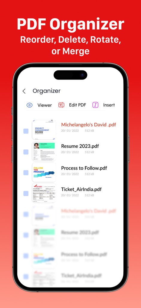 PDF Editor: Read, Scan & Sign - This tool simplifies document management, allowing users to visually organize files with clear thumbnails for "Resume 2023.pdf" and access core functions via the "Organizer" toolbar for viewing or editing.