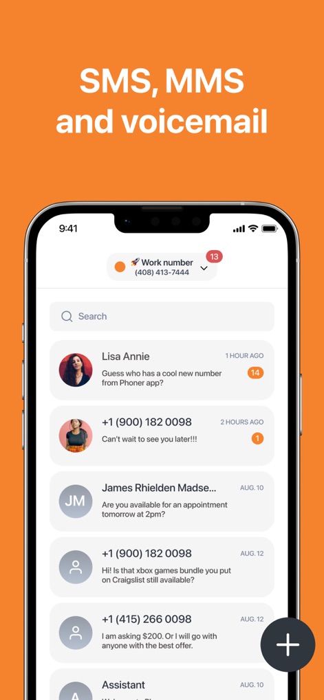 Phoner: Second Phone Number - Diese Ansicht illustriert die zentrale Verwaltung von SMS- und MMS-Nachrichten, wobei sowohl Nachrichten von 'Lisa Annie' als auch anonyme Nummern in der chronologischen Liste erscheinen.