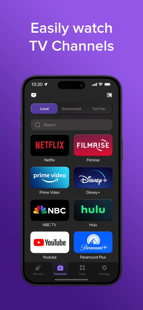 TV Remote & Smart TV Control - Users can effortlessly manage and access a grid of popular streaming services like Netflix and Hulu directly from the Channels tab.