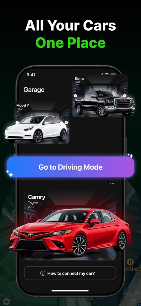 Car Play Connect: Sync My Auto - This tool offers a personalized "Garage" interface for managing multiple car profiles like the Tesla Model Y and Toyota Camry, providing a clear "Go to Driving Mode" button for quick access.