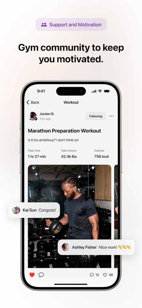 Motra AI Workout Fitness Coach - Engage with the built-in 'Support and Motivation' features, fostering a gym community through shared workout posts and encouraging comments from friends.