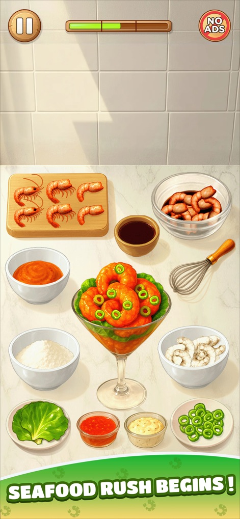 Cooking ASMR: Foodie Cook Game - A imagem apresenta uma variedade de ingredientes para um prato de camarão, incluindo camarões cozidos e um batedor, mostrando a preparação culinária.