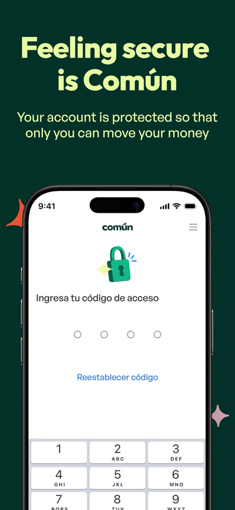 Común: Tu banca moderna en USA - 이 앱은 사용자 계정의 보안을 최우선으로 하며, 잠금 아이콘과 핀 코드 입력 화면을 통해 개인 정보 보호 및 접근 제어 기능을 명확히 보여줍니다.