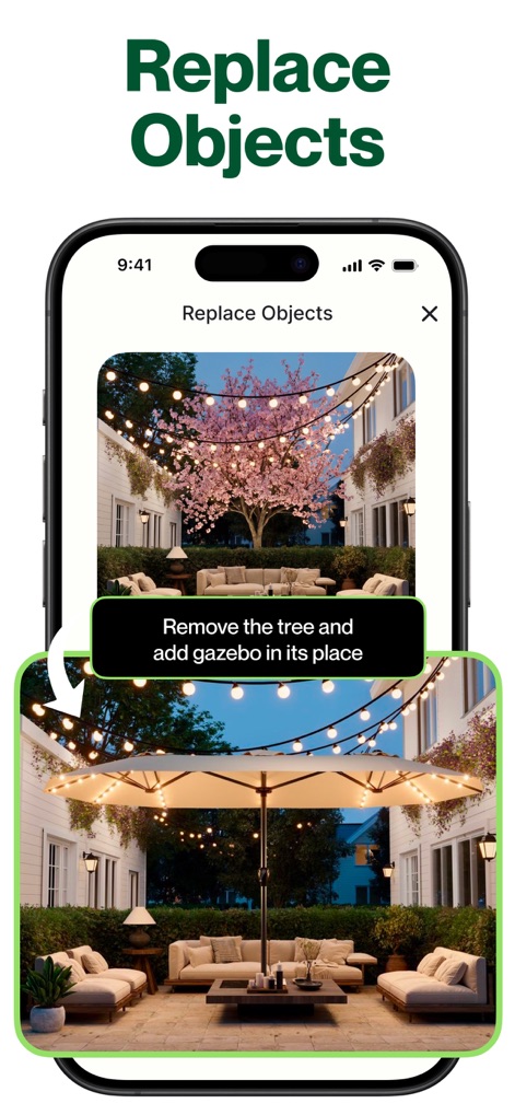AI Garden Design: Landscape AI - Leverage the app's dynamic object replacement capability to swap major features, such as removing a tree and adding a gazebo, guided by specific contextual prompts.