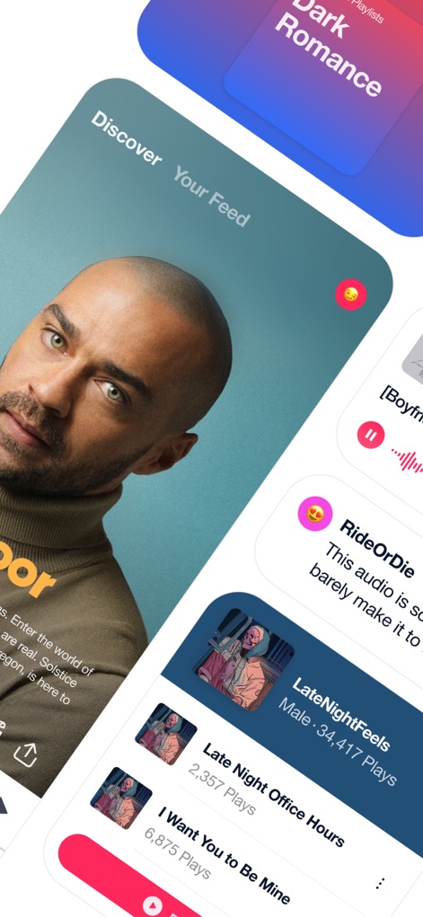 Quinn - Audio Stories - Dive into a personalized content feed, easily switching between 'Discover' and 'Your Feed' to find stories, with prominent play counts on popular audios like 'LateNightFeels'.