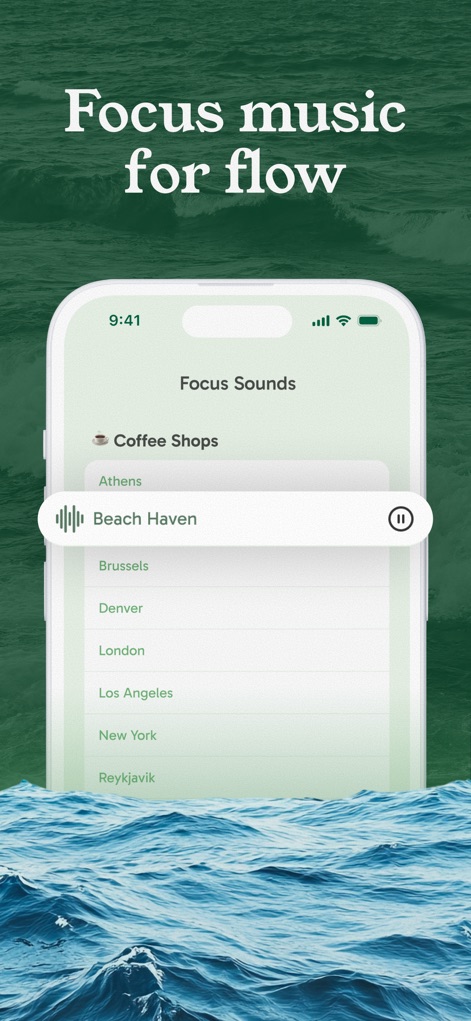 Freedom: Control Screen Time - ユーザーは、「コーヒーショップ」などの環境音カテゴリから、「ビーチヘブン」のような厳選されたサウンドを選んで集中力を高めることができます。