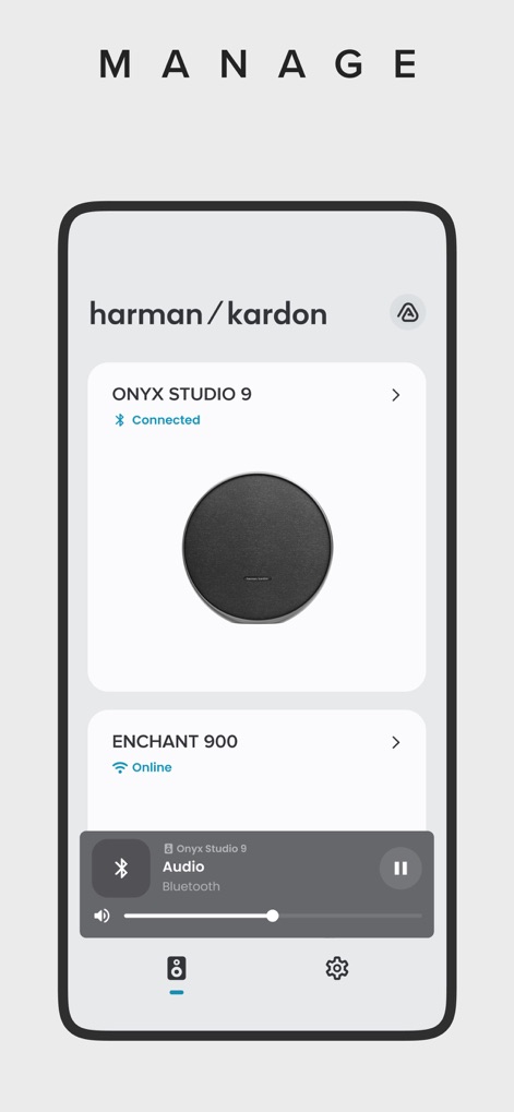 Harman Kardon One - The app provides a comprehensive overview of connected Harman Kardon devices and immediate access to playback controls for the active media source.