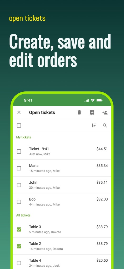 Loyverse POS - Point of Sale - Understand how the app organizes open tickets with customer names and timestamps, enabling easy creation, saving, and editing of orders.