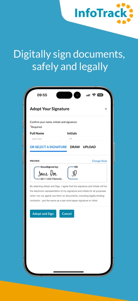 eCOS Legal - 이 도구는 법적 구속력이 있는 문서에 디지털 서명을 할 수 있도록 지원하며, 사용자는 '서명 그리기' 또는 '서명 업로드' 옵션을 선택하고 최종 서명을 미리 볼 수 있습니다.