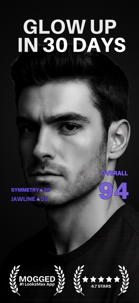 Mogged: Glow Up for Men - The app immediately provides an 'Overall' score and detailed metrics like 'Symmetry' and 'Jawline' to initiate the 30-day transformation.