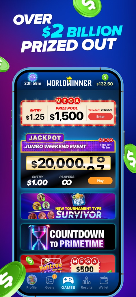WorldWinner: Play for Cash - Discover the excitement of competitive play through various tournaments, showcasing a 'Jumbo Weekend Event' jackpot and detailed 'Mega Prize Pool' information.