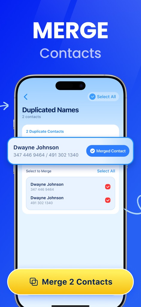 CleanCraft: Clean Up Storage - Witness how CleanCraft effectively identifies "Duplicated Names" like "Dwayne Johnson" and provides clear options to "Merge Contacts", streamlining contact lists.