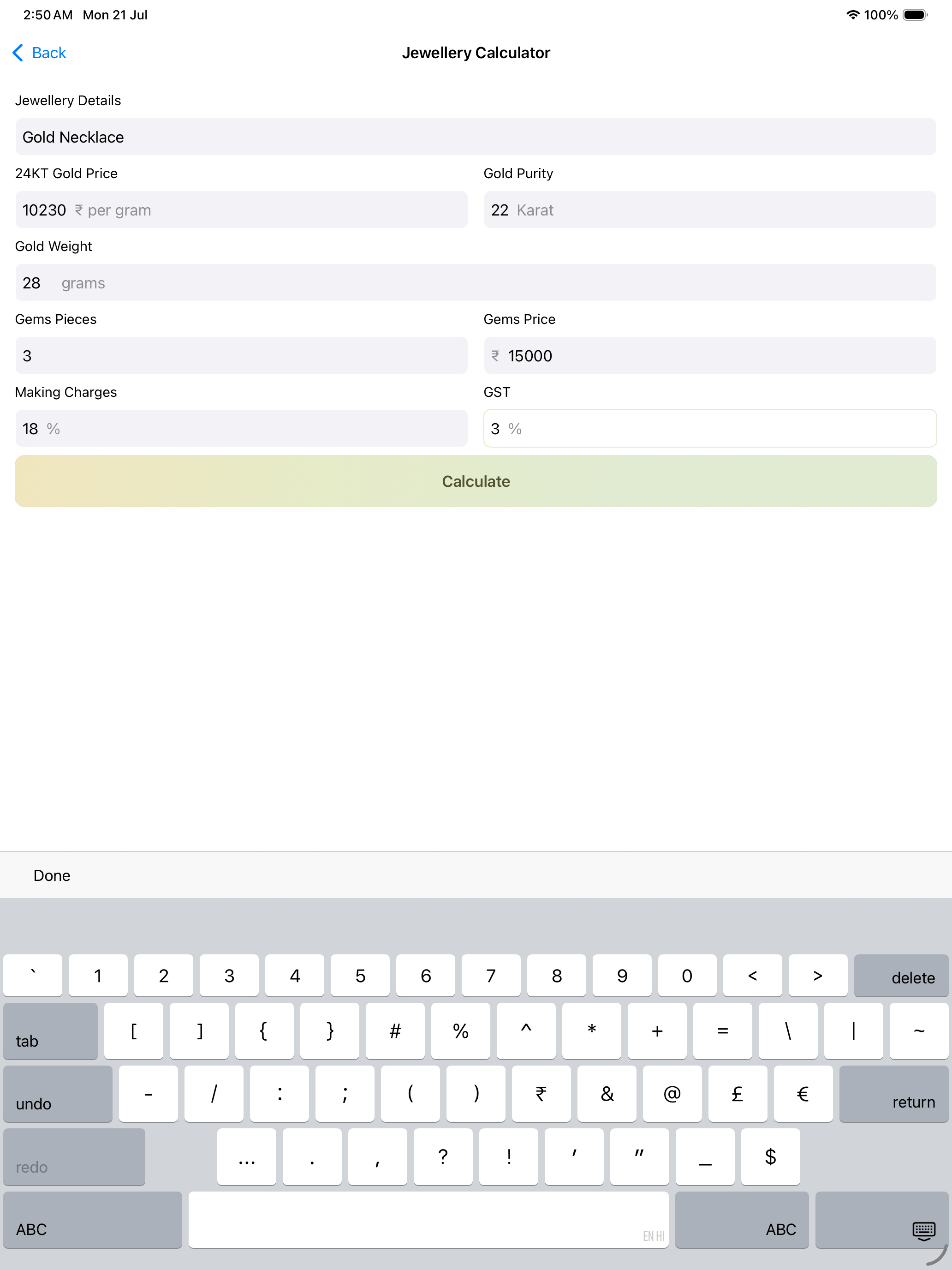 Jewellery Calculator