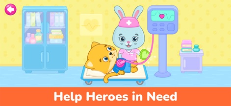 Kids Doctor Games: Hospital 3+ - Hier wird gezeigt, wie ein Hasen-Arzt-Charakter ein Kätzchen mit einem Stethoskop untersucht, um Herztöne zu hören und die Empathie der Nutzer spielerisch zu fördern.