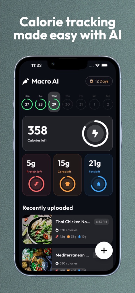 Macro AI - Calorie Tracker - Discover the app's intuitive dashboard, offering a clear overview of daily remaining calories and a convenient list of recently uploaded meals.