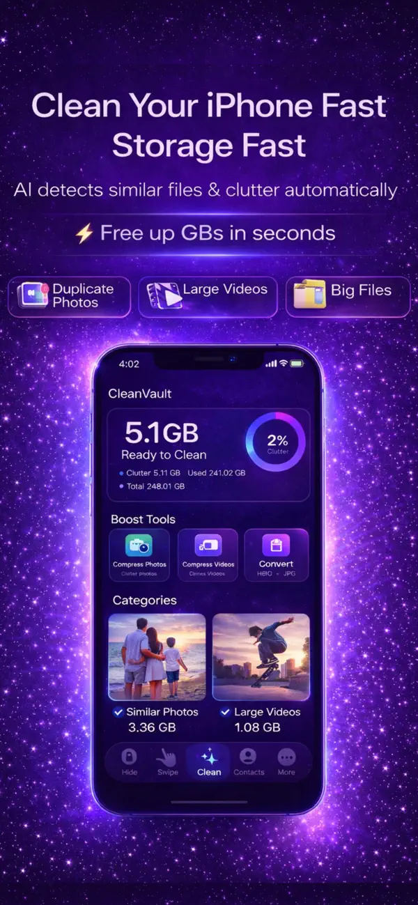 #1. CleanVault Photo Cleaner+Vault (iOS) De: Dinesh Reddy Vatti