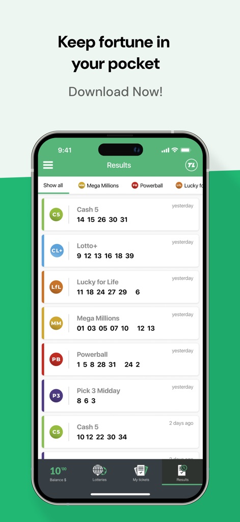 TuLotero Lottery App - The app offers real-time access to past lottery results, clearly organized by game with filtering options at the top for quick reference.