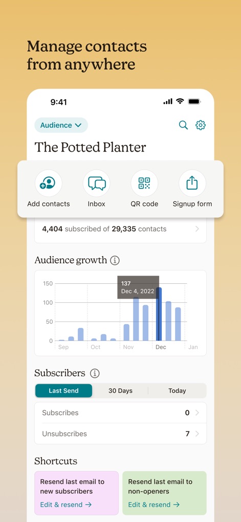 Mailchimp Email Marketing - This view demonstrates the app's robust audience management tools, allowing users to effortlessly add contacts and visually track their audience growth via a clear bar chart.