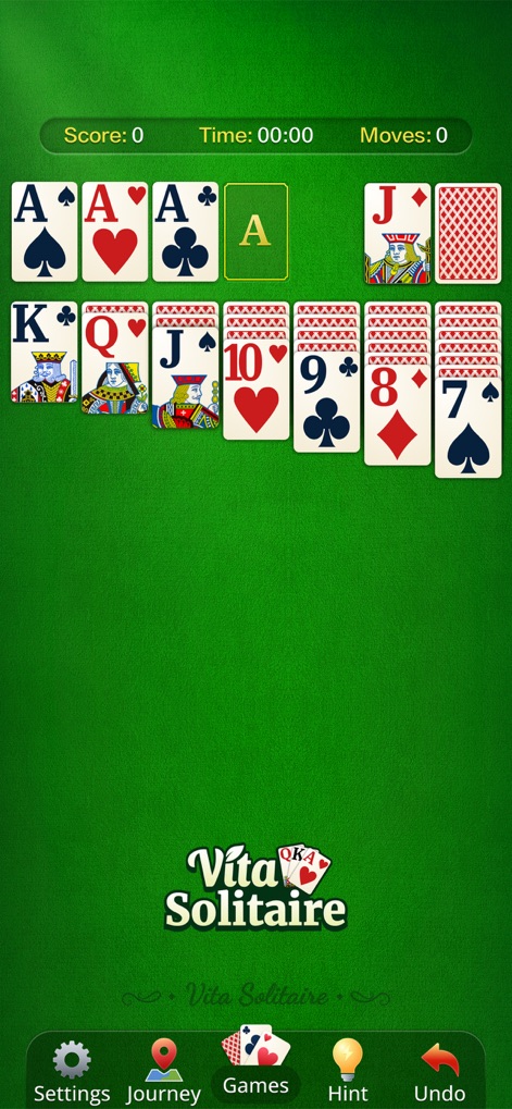 Vita Solitaire for Seniors - Users can experience classic Solitaire gameplay with prominently large cards and easily navigate through the app using the intuitive bottom navigation bar.
