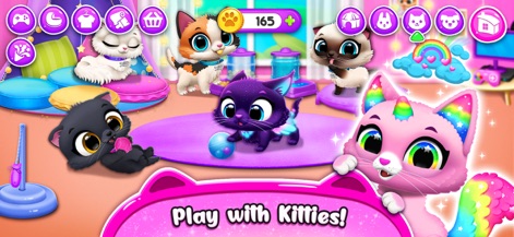 FLOOF - My Pet House - Users can enjoy dedicated playtime with various cat breeds, including a vibrant unicorn cat, showcasing different pet accessories and unique interactions.