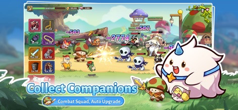 Legend of Mushroom - Die App präsentiert lebhafte Kampfsequenzen mit verschiedenen Pilzcharakteren und zeigt deutlich die sichtbaren Schadenszahlen im Geschehen.