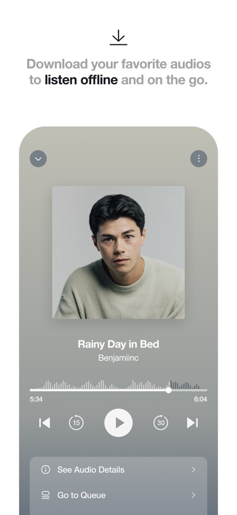 Quinn - Audio Stories - Experience smooth audio playback, complete with a visual waveform to track progress and convenient options to 'See Audio Details' or 'Go to Queue' for managing listening.
