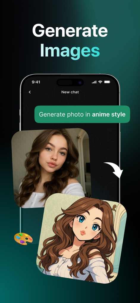 Chatbot AI: AI Chat Assistant - The app allows for imaginative image generation, instantly transforming a real photo into an anime-style illustration through a simple chat command, highlighting its creative versatility.