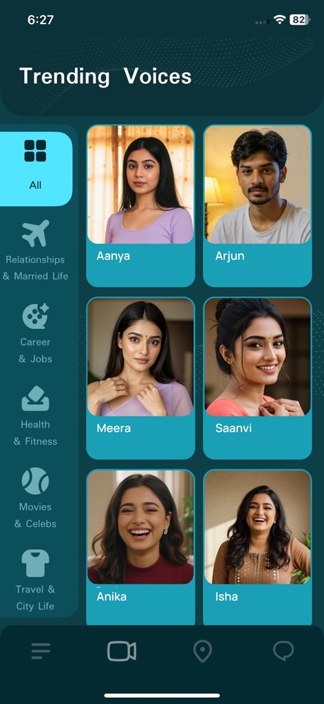 Tiyo - The app presents popular listener profiles like Aanya and Arjun, meticulously categorized by support topics such as 'Relationships & Married Life' and 'Health & Fitness'.