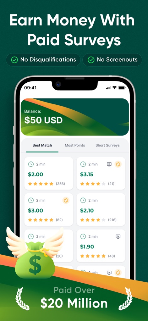 TopSurveys: Earn Free Cash Now - Observe how the app effectively organizes available surveys by duration and earning potential, alongside a prominent display of the user's current cash balance.