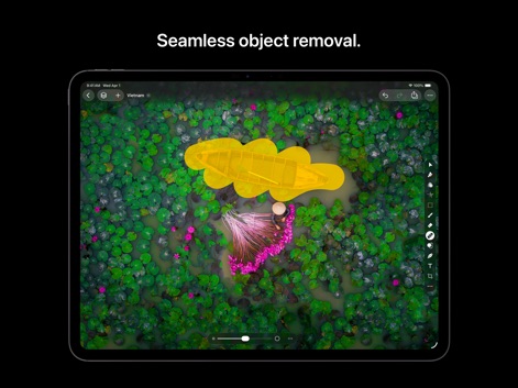 Pixelmator Pro: Edit Images - Esta captura demuestra la capacidad de la aplicación para la eliminación de objetos no deseados, identificando un bote en un estanque de lotos con una máscara amarilla y mostrando la interfaz para esta acción.
