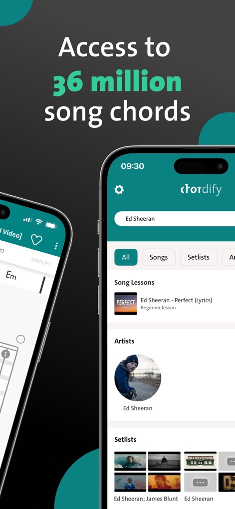 Chordify: Songs, Chords, Tuner - Explore Chordify's expansive catalog of over 36 million songs, easily located through the intuitive search bar and categorized results.