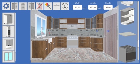 Kitchen Editor 3D: Design App - See how the app provides a full kitchen layout with precise measurements and an intuitive module selection sidebar.
