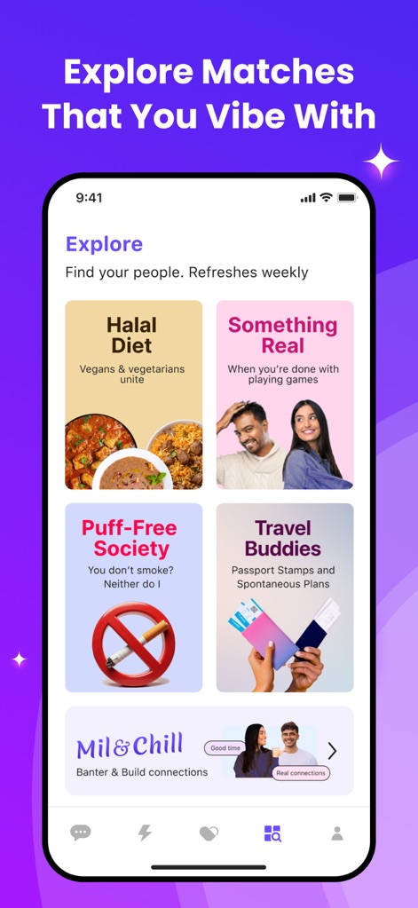 Dil Mil: South Asian Dating - L'app offre agli utenti categorie di ricerca personalizzate come "Halal Diet" e "Travel Buddies", permettendo di filtrare i match in base a specifiche affinità e stili di vita.