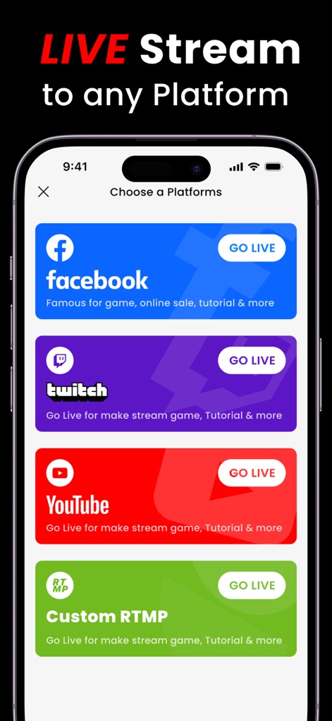 Live Recorder: Record Screen - 이 앱은 사용자가 Facebook 및 YouTube와 같은 다양한 플랫폼으로 라이브 스트리밍을 할 수 있도록 지원하며, "GO LIVE" 버튼을 통해 실시간 공유를 용이하게 합니다.