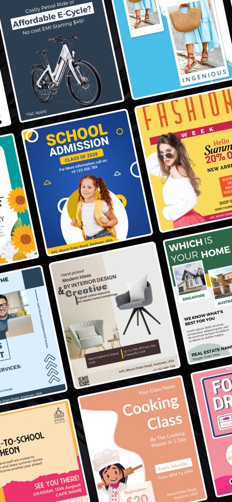 Flyer Maker + Poster Maker - Esta imagen presenta una amplia gama de plantillas personalizables, incluyendo folletos para 'SCHOOL ADMISSION' y eventos de 'FASHION WEEK', demostrando la versatilidad de la herramienta para diversas necesidades promocionales.