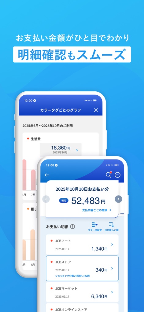 MyJCB - 이 앱은 상세 거래 내역을 제공하여 사용자가 개별 소비 패턴을 정확히 파악할 수 있으며, 카테고리별 지출 그래프를 통해 월별 지출 현황을 시각적으로 쉽게 이해합니다.