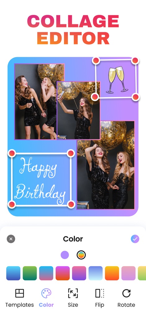 Photo Collage Maker・Pic Layout - El editor de collages permite a los usuarios manipular sus creaciones con herramientas de edición esenciales como rotar y reposicionar fotos, además de ofrecer opciones de personalización de color para los fondos y bordes.
