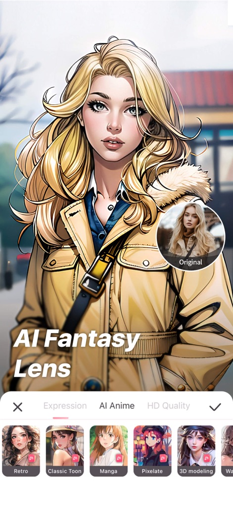 Perfect Me: AI Portrait Editor - Unleash artistic creativity with the AI Fantasy Lens, converting portraits into stunning styles such as "Manga" and "3D modeling", clearly showcasing the transformation from the "Original" photo.