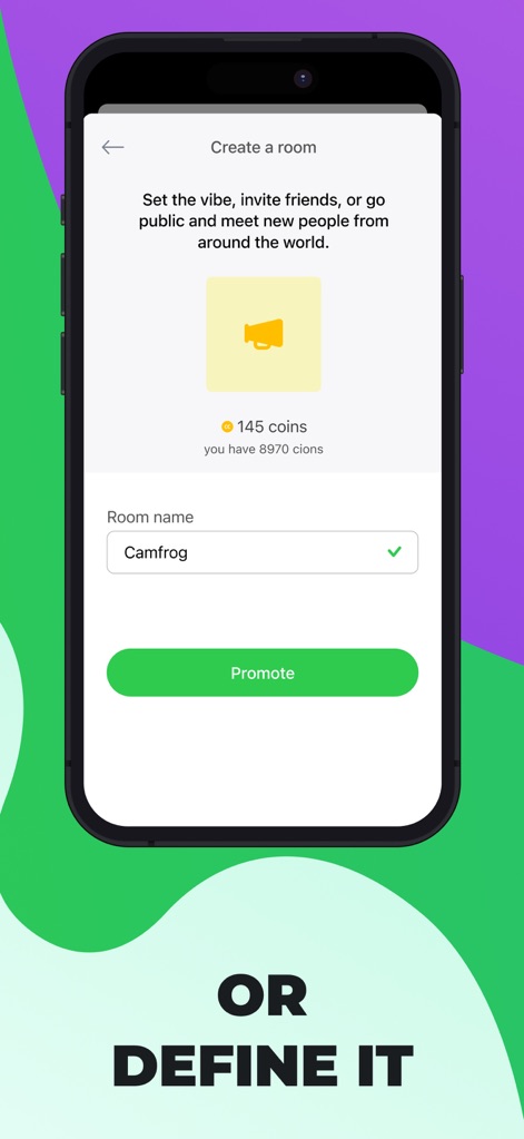 Camfrog: Live Video Chat Rooms - The app empowers users to create and customize their own live chat environments, evident in the 'Create a room' interface and the customizable 'Room name' field.