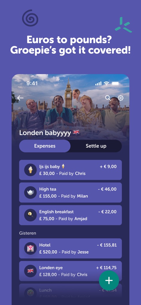 Tikkie - This view highlights the 'Groepie' feature, meticulously detailing individual contributions to group expenses and offering distinct tabs for managing costs and settling outstanding balances.