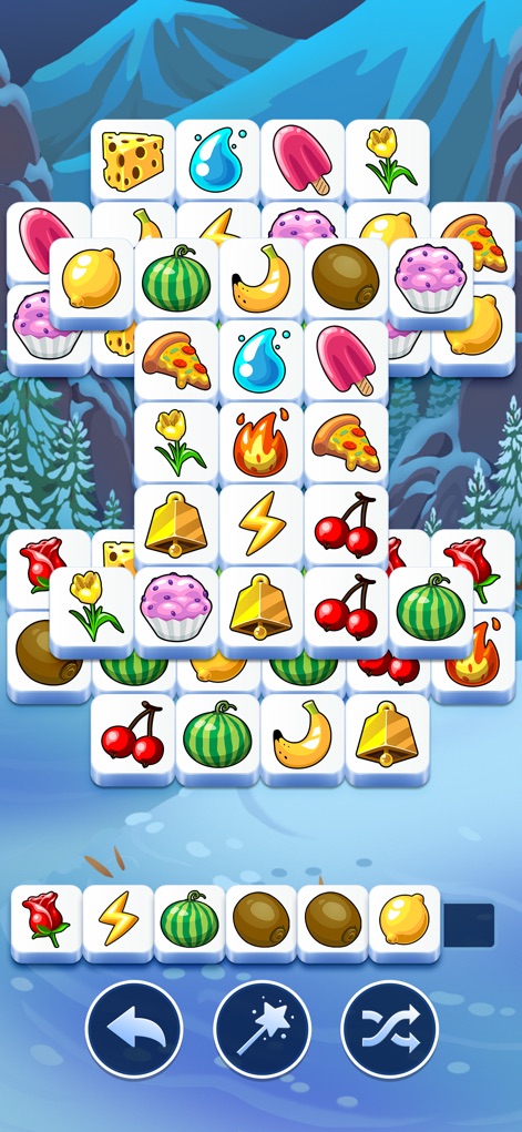 Tile Club - Matching Game - Discover a multi-layered tile stack designed against a serene winter landscape theme, adding depth to gameplay.
