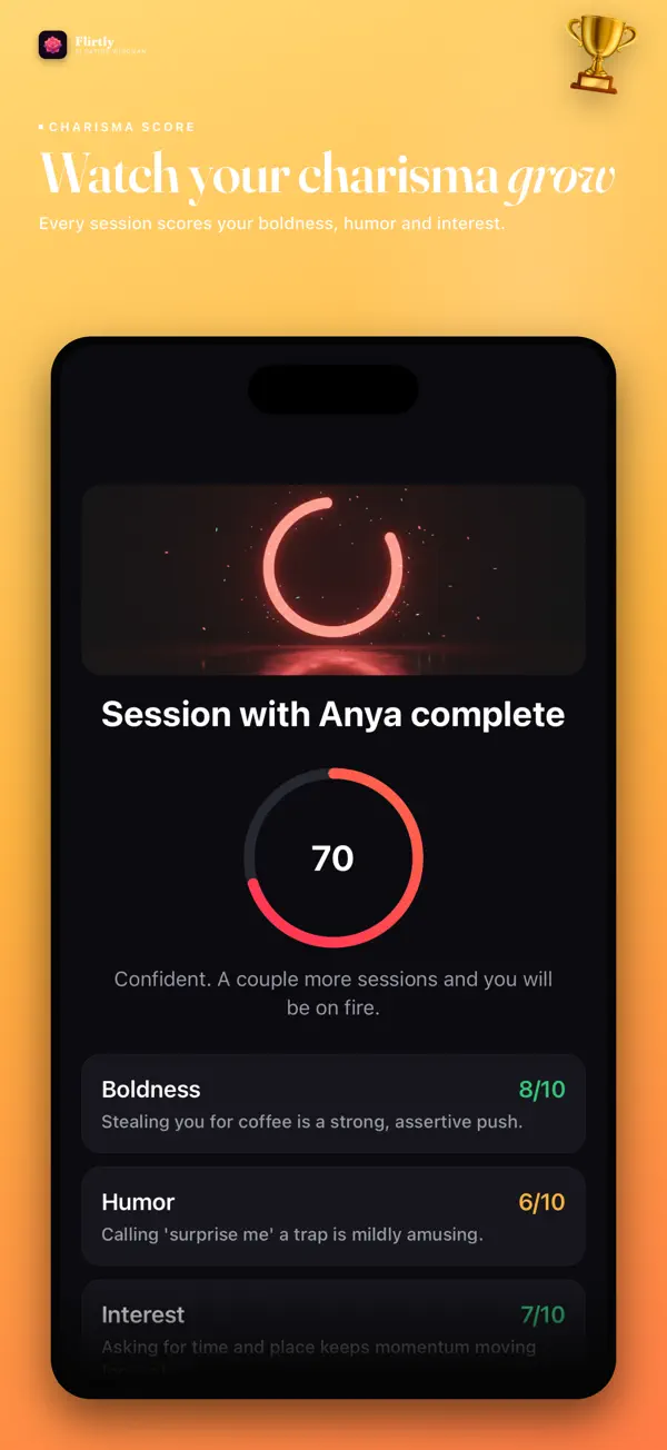 Flirtly AI roleplay score for boldness humor and interest