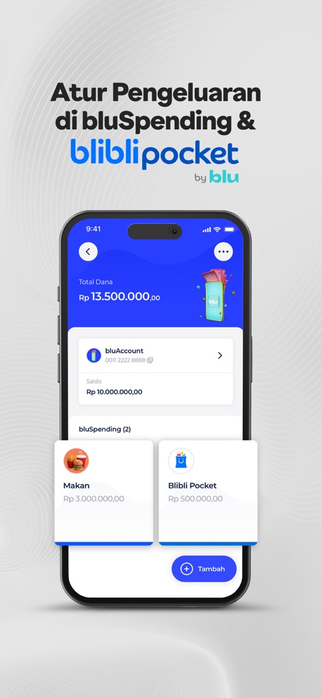 blu by BCA Digital - La aplicación organiza los gastos con 'bluSpending' y 'Blibli Pocket', mostrando categorías claras y el saldo total de fondos para una planificación eficaz.