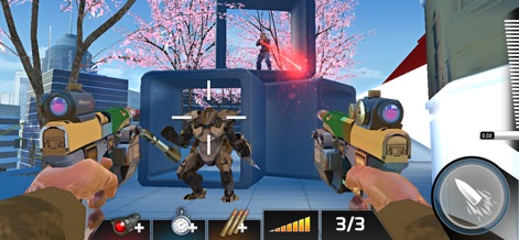 Kill Shot Bravo: Sniper Games - Les utilisateurs peuvent s'équiper de diverses armes, y compris des pistolets doubles pour des combats rapprochés, face à des ennemis robustes comme l'Exo-Suit et le décor urbain orné de cerisiers en fleurs.