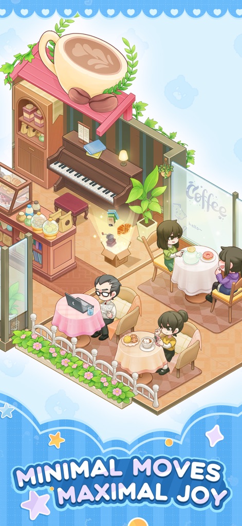 Oops! Tidy Up - Discover the inviting atmosphere of this enchanting café, complete with a grand piano and various customer interactions, highlighting the app's diverse themes.