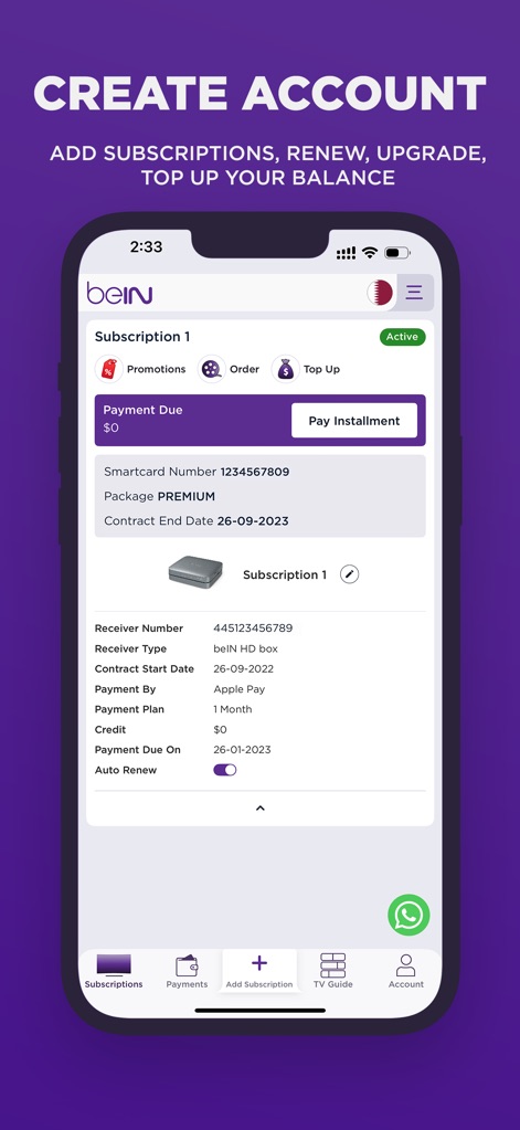beIN - Nutzer erhalten eine detaillierte Übersicht über ihre aktiven Abonnements, einschließlich wichtiger Informationen wie der Smartcard-Nummer und einer klaren Aufschlüsselung der Zahlungsmodalitäten.