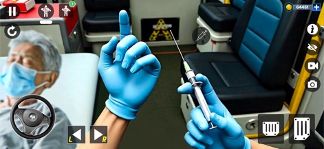 Ambulance Rescue Duty Game 3d - Experience the intensity of in-ambulance care, showcasing essential 'medical tools' like a syringe being prepared, alongside the persistent 'driving controls' for continuous navigation.
